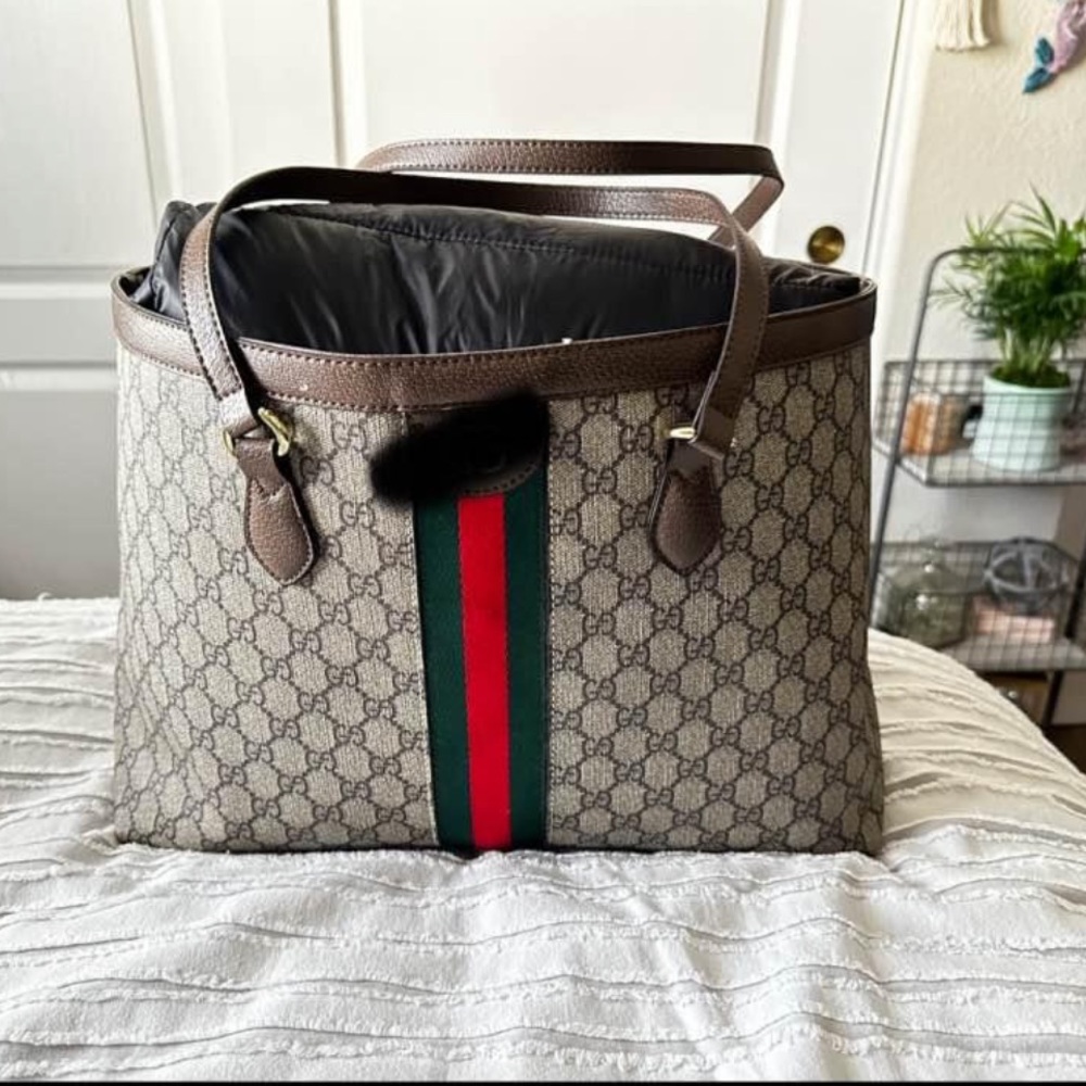 Designer inspired tote bag with attached zipper pouch